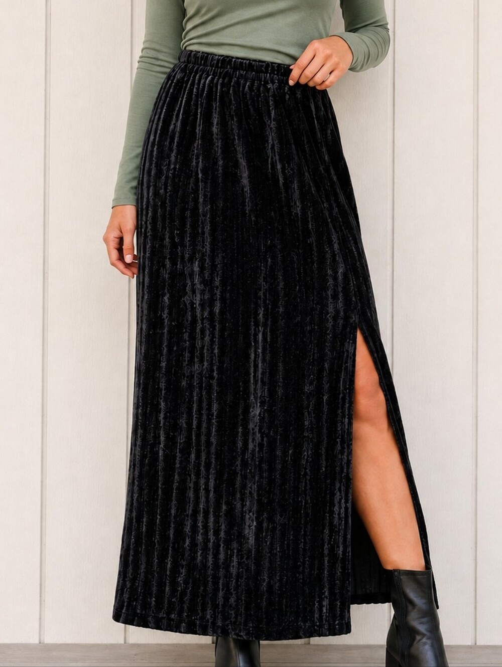 Shane Lee Inc Vintage Black Velvet Burnout Textured Maxi Skirt Side Slit Witchy
